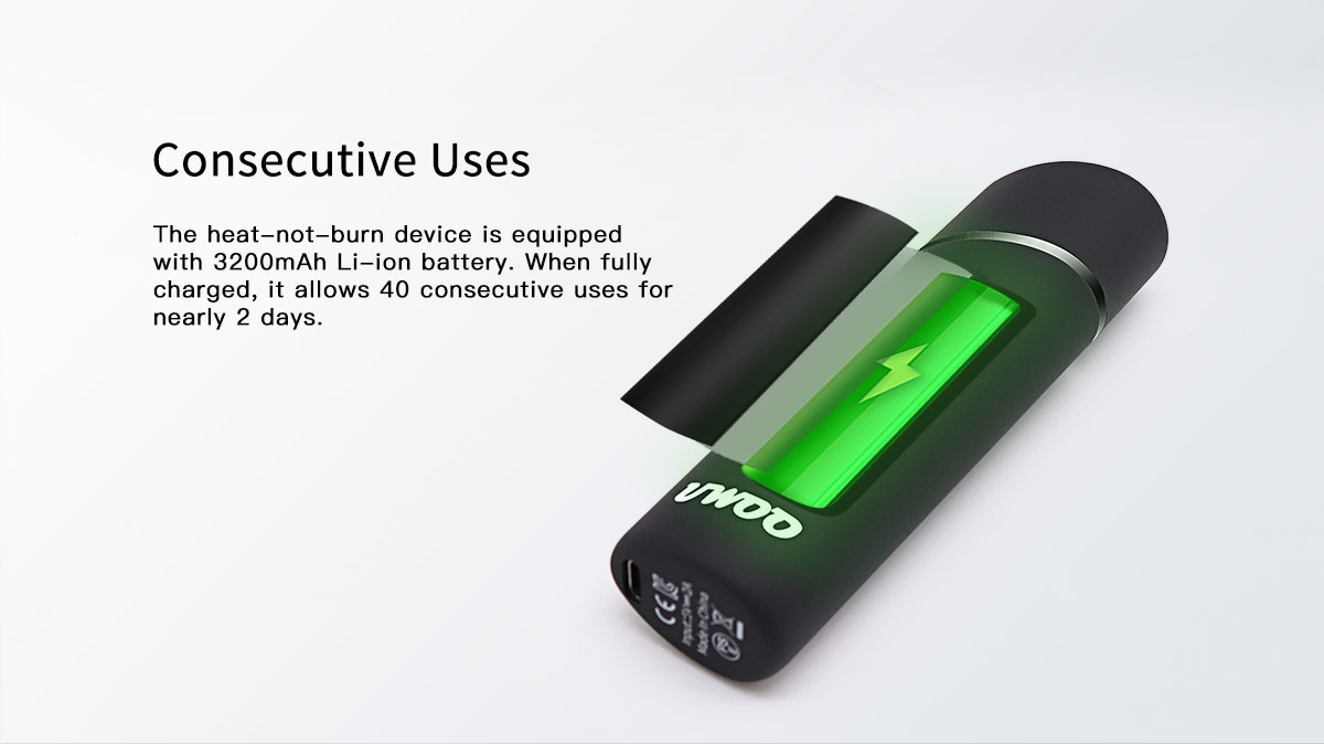 Heat not burn device Y1 feature: 3200mAh li-ion battery, 40 consecutive uses of one full charge
