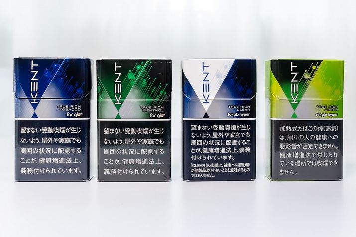 The "Kent True Rich" series comes in four types. From left to right: "Tobacco", "Menthol", "Clear", "Green"